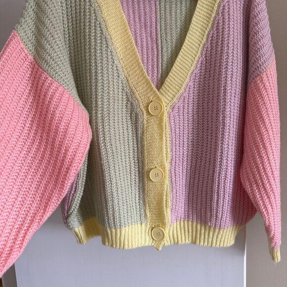 Princess Polly Naomi Cardigan Sweater XS/S Oversized Colorblock Yellow Pink - Picture 4 of 12